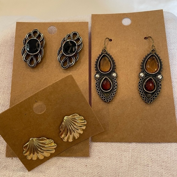 💐5/25 3 pair vintage boho retro earrings gold shell 1980s - Picture 1 of 8